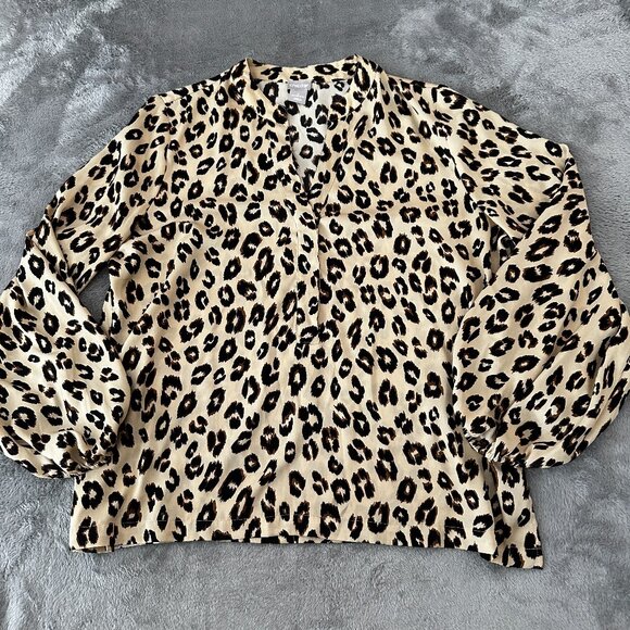 Chico's Leopard Animal Print Balloon Sleeve Blouse Top 2 LARGE 12/14 - Picture 1 of 6
